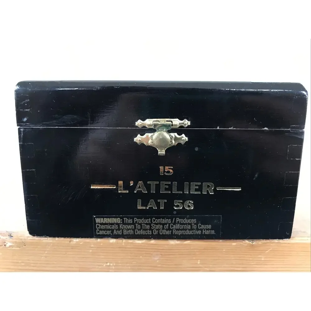 Vintage L'atelier Wooden Empty Black Painted 15 Sceau De Garantie Cigar Box